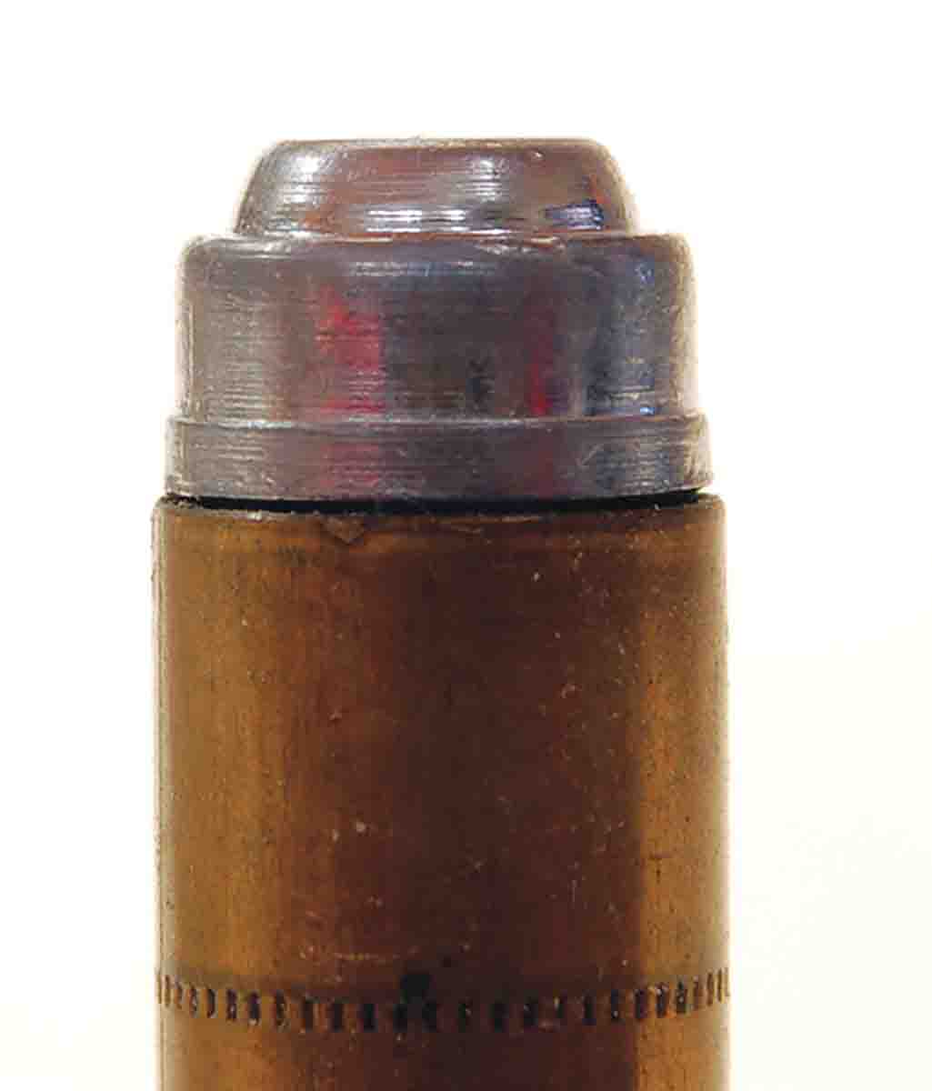 The groove diameter band just above the case mouth helps center the wadcutter bullet in a revolver’s chamber throat.